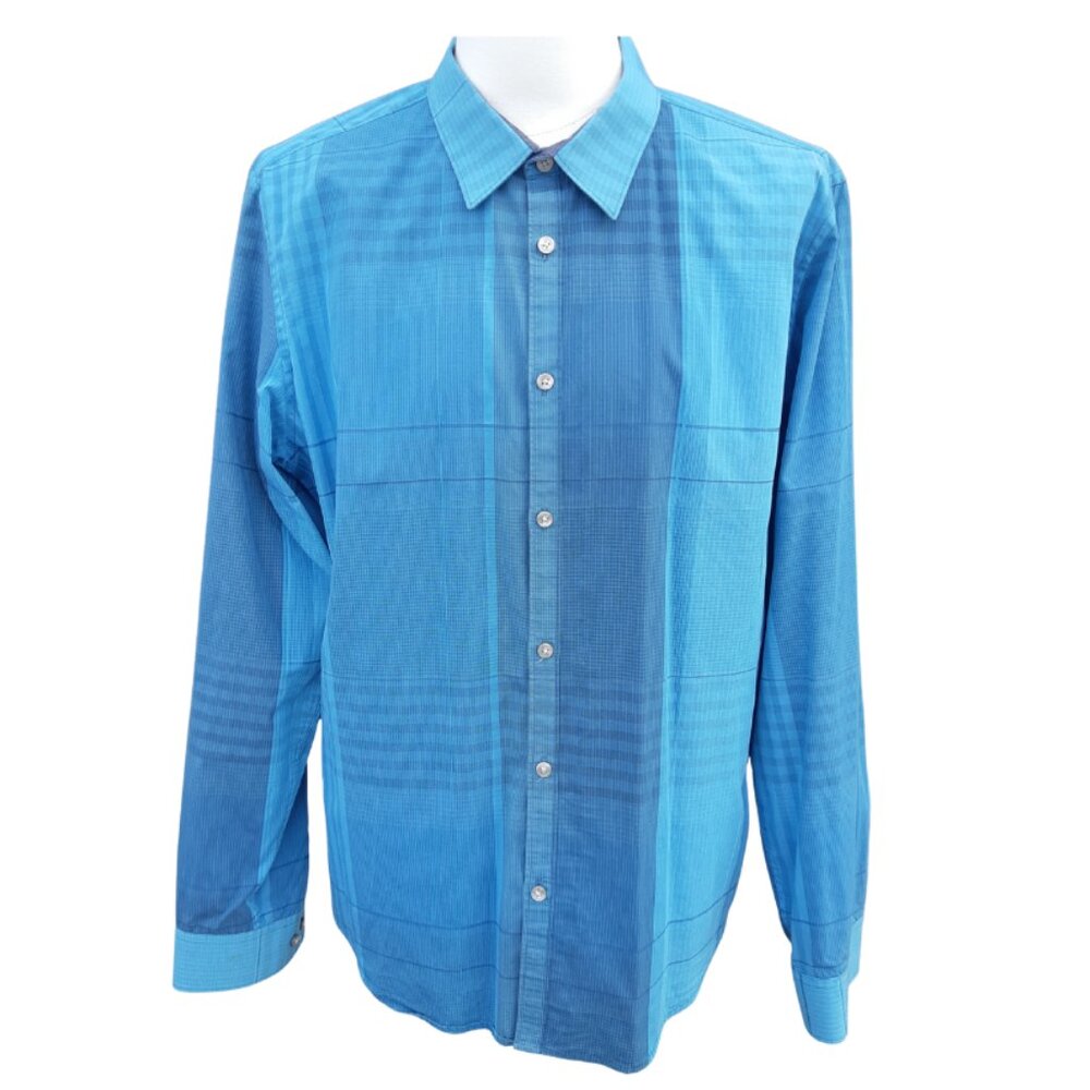 CALVIN KLEIN SZ L Slim Fit 100% Cotton Blue Plaid LS Men's Button Up Shirt